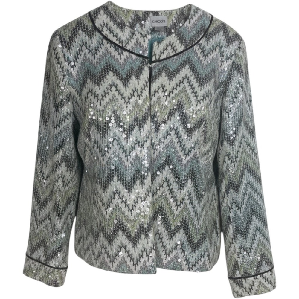 Chicos Sequin Chevron Zigzag Jacket Blue Green Metallic Evening Topper Size 2 L